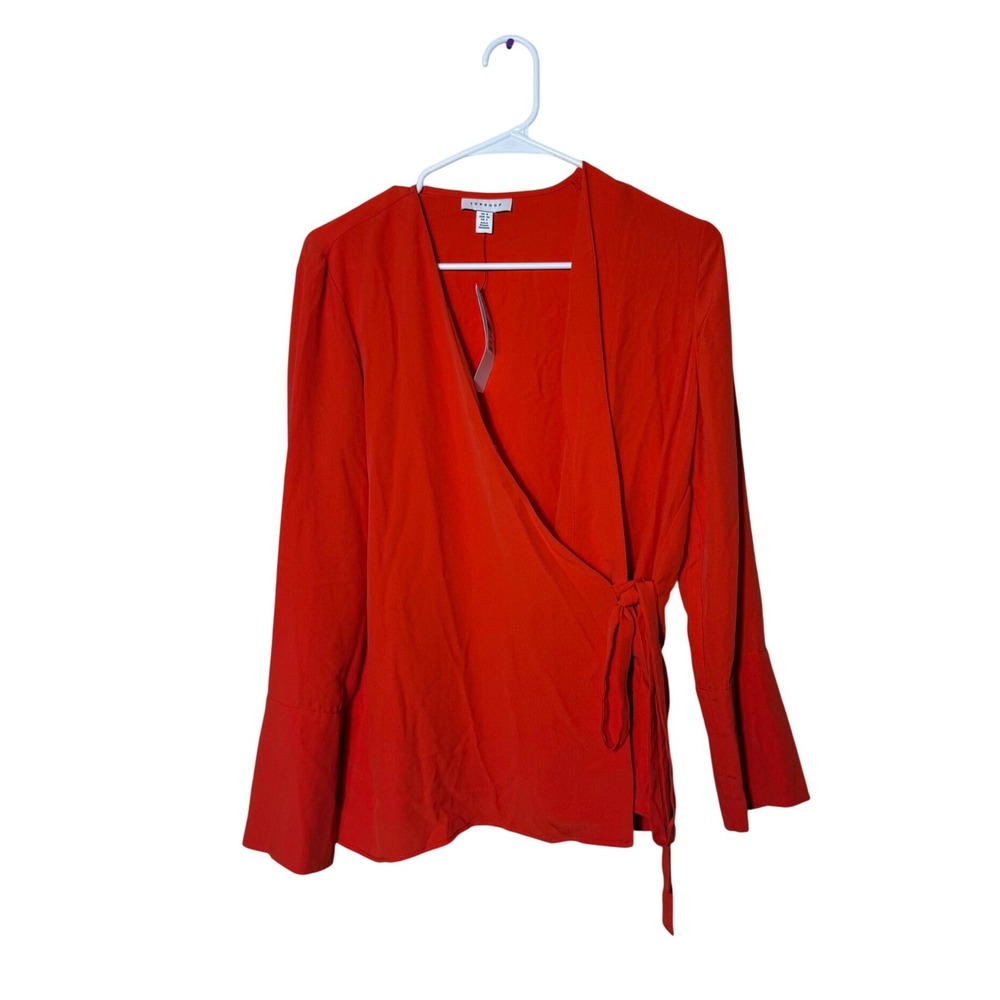 NWT Topshop Womens Red  Long Sleeve Wrap‎ Blouse Side Tie Flared Cuff Size US 4
